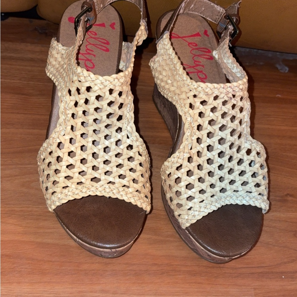 Jellypop Cream and Brown Woven Wedges